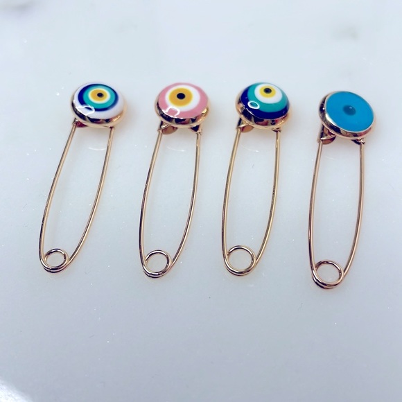 4 PIN SET Evil Eye Pin Gold 18K Plated 🧿 Pins Amulet Stroller Blue Pink El Ojo - Picture 9 of 12